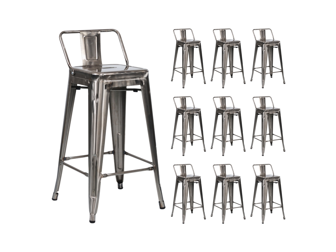 Juego de 10 taburetes altos apilables de acero industrial 41x41x85cm THINIA