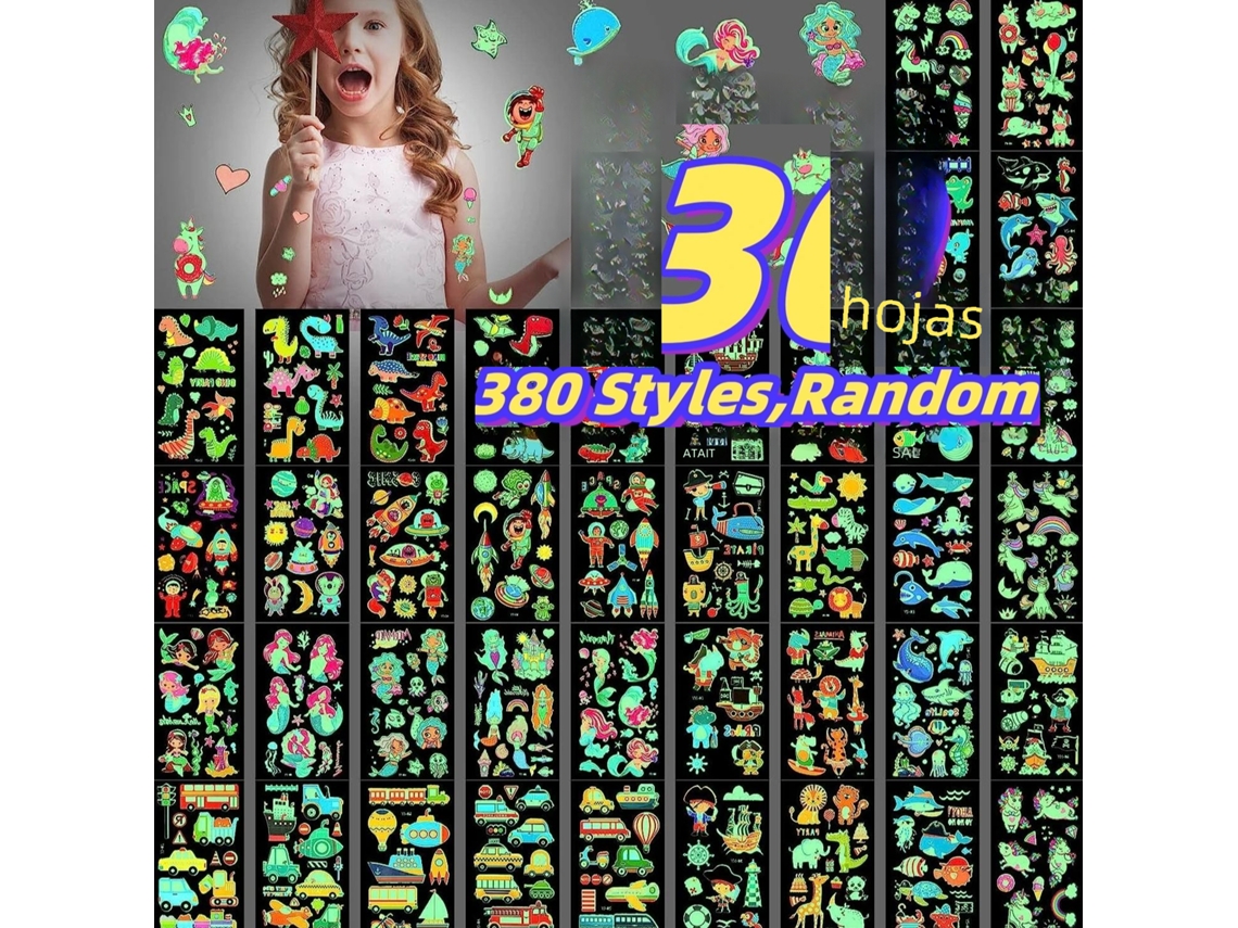 380 pegatinas temporales de tatuajes no oscuros para niños con varios diseños (30 pegatinas de cada uno) (no disponible)