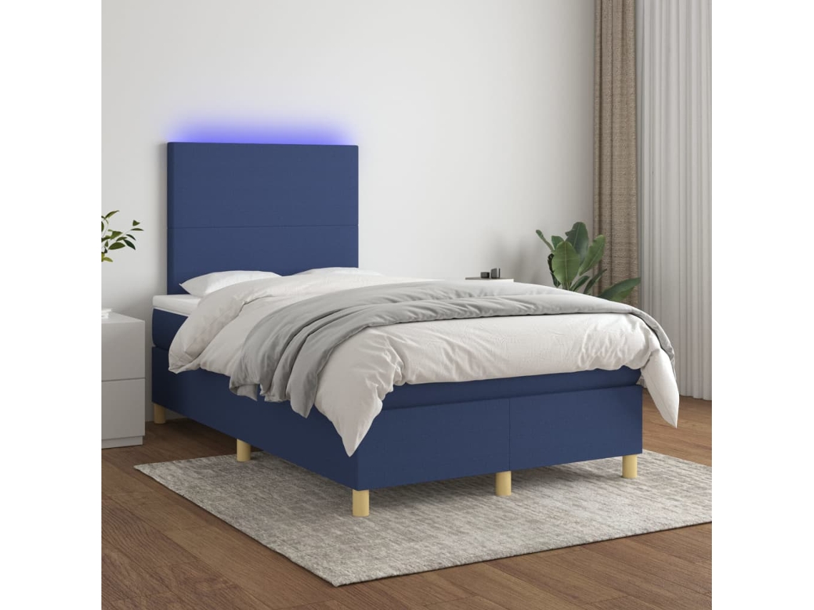 Cama Box Spring Con Colchón Y Led Tela Azul 120x200 Cm