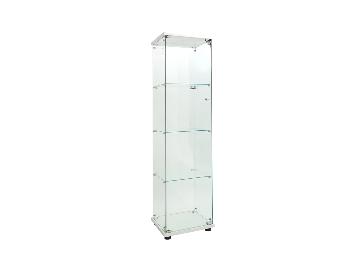 Vitrina de cristal con iluminación LED, diseño que ahorra espacio, cuatro estantes blancos e iluminación.