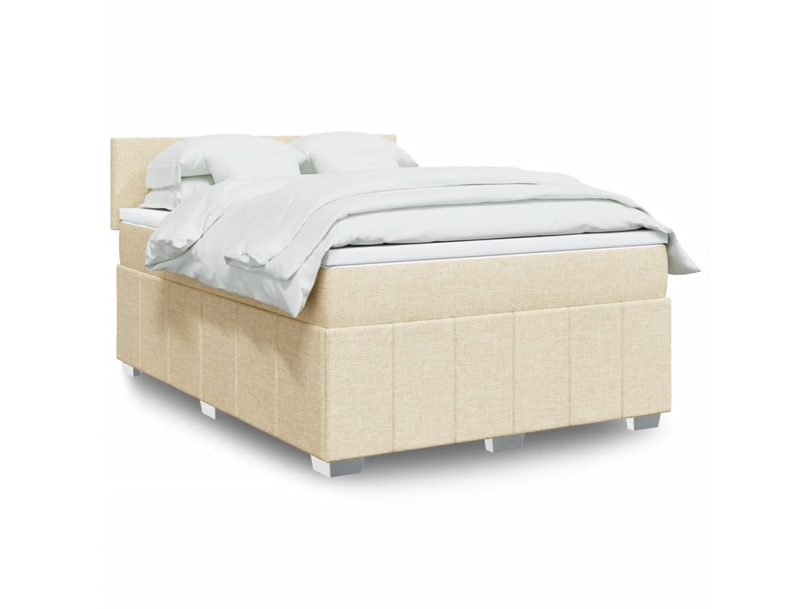 Cama Box Spring Con Colchón Tela Color Crema 140x190 Cm