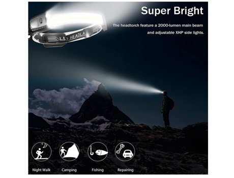 Linterna frontal COB superbrillante, linterna frontal recargable con LED XPE ajustable de 90, resistente al agua IPX4, luz roja, 7 modos (negro) CH...