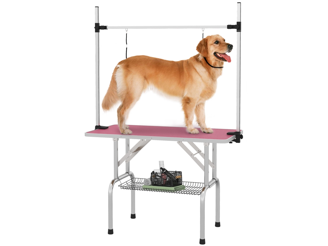 Mesa Plegable Para El Cuidado De Perros Con Cesta Metálica Y Barra Ajustable De Acero Inoxidable, 107x60x164 Cm, Rosa.