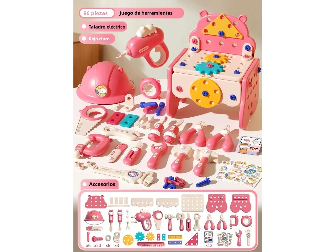 Kit de herramientas para el hogar infantil - Simulación de taladrado y extracción de tornillos - Educativo - Mdug (Rojo claro, 86 piezas)