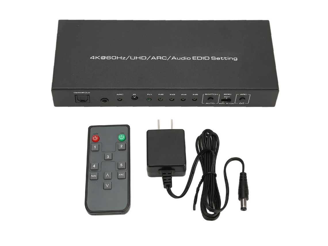 Interfaz Multimedia Hd Con Extractor De Sonido, 5 Puertos, 18 Gbps, Hdr, 4k, 60 Hz, Conmutador Con Control Remoto, Arc Y Enchufe Estadounidense.