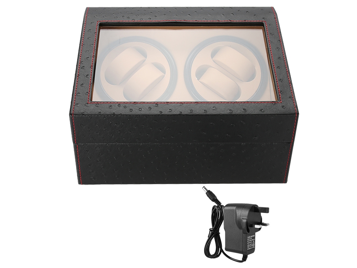 Caja giratoria automática para relojes con 4 ranuras, estuche de exhibición, diseño de piel de avestruz