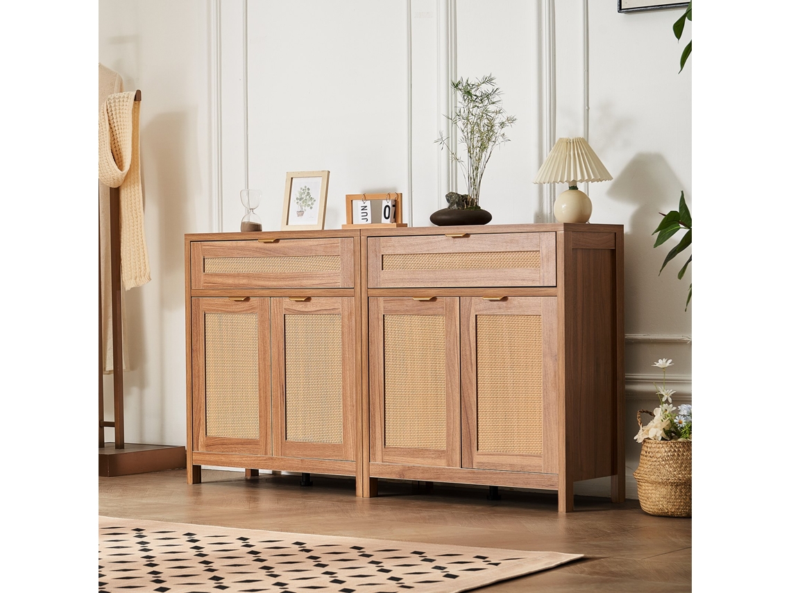 Vevor Armario de mimbre de 2 piezas con 4 puertas, 2 cajones y estantes, color madera