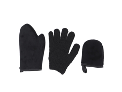 Kit de guantes autobronceadores de 3 piezas: guante exfoliante, guante grande y guante con pulgar para aplicar espuma, crema y protector solar.