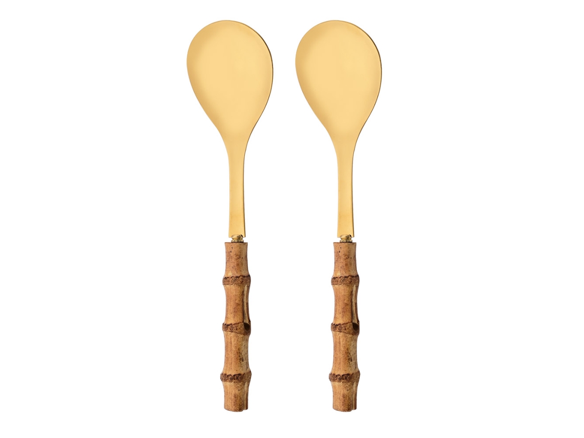 (2 Cucharas De Oro) Juego De Cubiertos Doble, Elaborado En Acero Inoxidable 304, Madera Y Bambú.