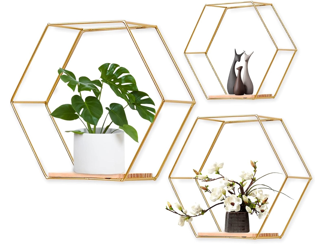 Portaobjetos Pared De Hierro - Decoración Sala/habitación, 3 Piezas Hexagonales (dorado, Sin Objetos Decorativos)