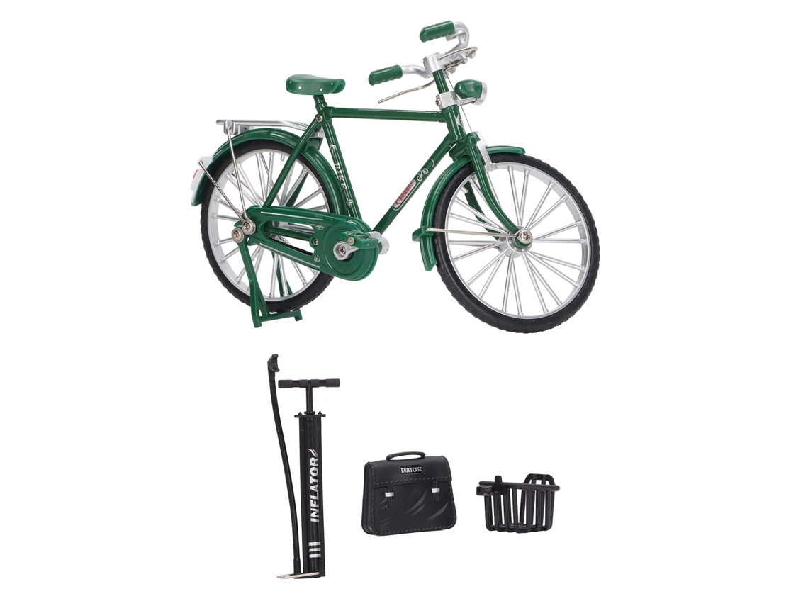 Modelo de bicicleta en miniatura Mali a escala 1:10 de aleación, con bomba, funda de transporte y cesta verde.