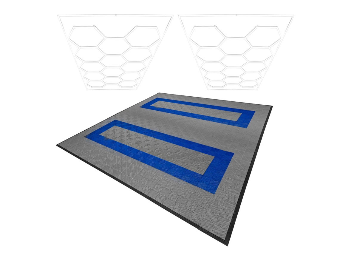 Plafones de polipropileno con bordes grises (x165) y azules (x60). Plafón LED hexagonal (x2 unidades). Monstershop (225 unidades).