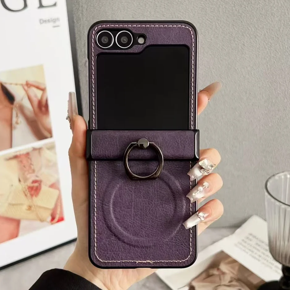 (morado, Galaxy Z Flip4) Funda Retro De Piel Granulada Con Soporte De Bisagra Magnética