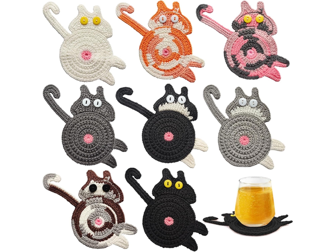 Set De 8 Posavasos, Bases Para Bebidas, Gatos, Tejido, Colores Variados Tommy01