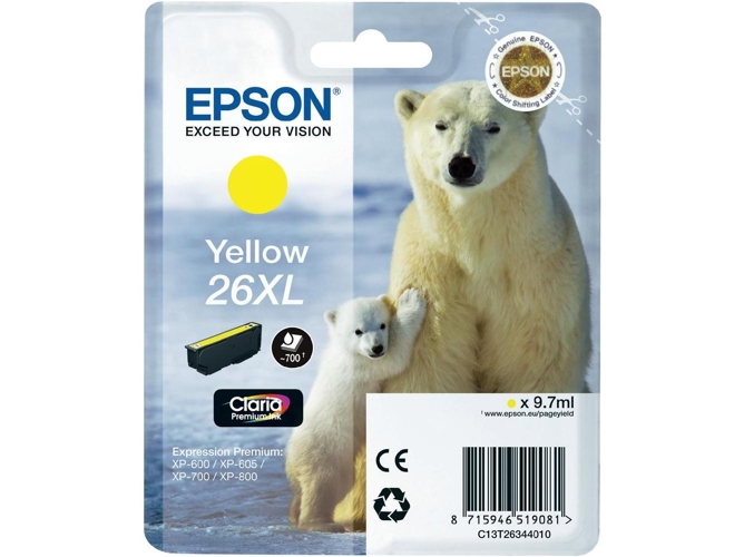 Cartucho de tinta original EPSON, 26XL, Oso polar 9,7 ml , Amarillo, C13T26344012, T2634