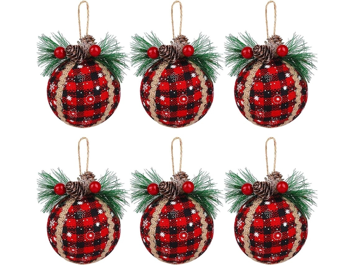 Juego de 6 bolas navideñas a cuadros en tela negra y roja con piñas y follaje, ergonómicas, para uso diario STELASPLEN