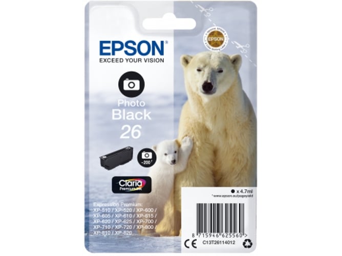 Cartucho de tinta original EPSON, 26, Oso polar 4,7 ml , Negro foto, C13T26114012, T2611