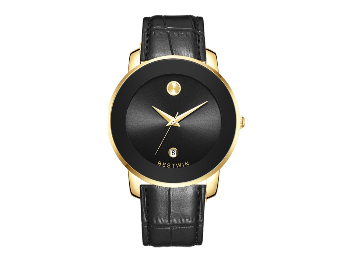 Reloj de cuarzo MDUG para hombre (con correa de cuero dorada y negra)
