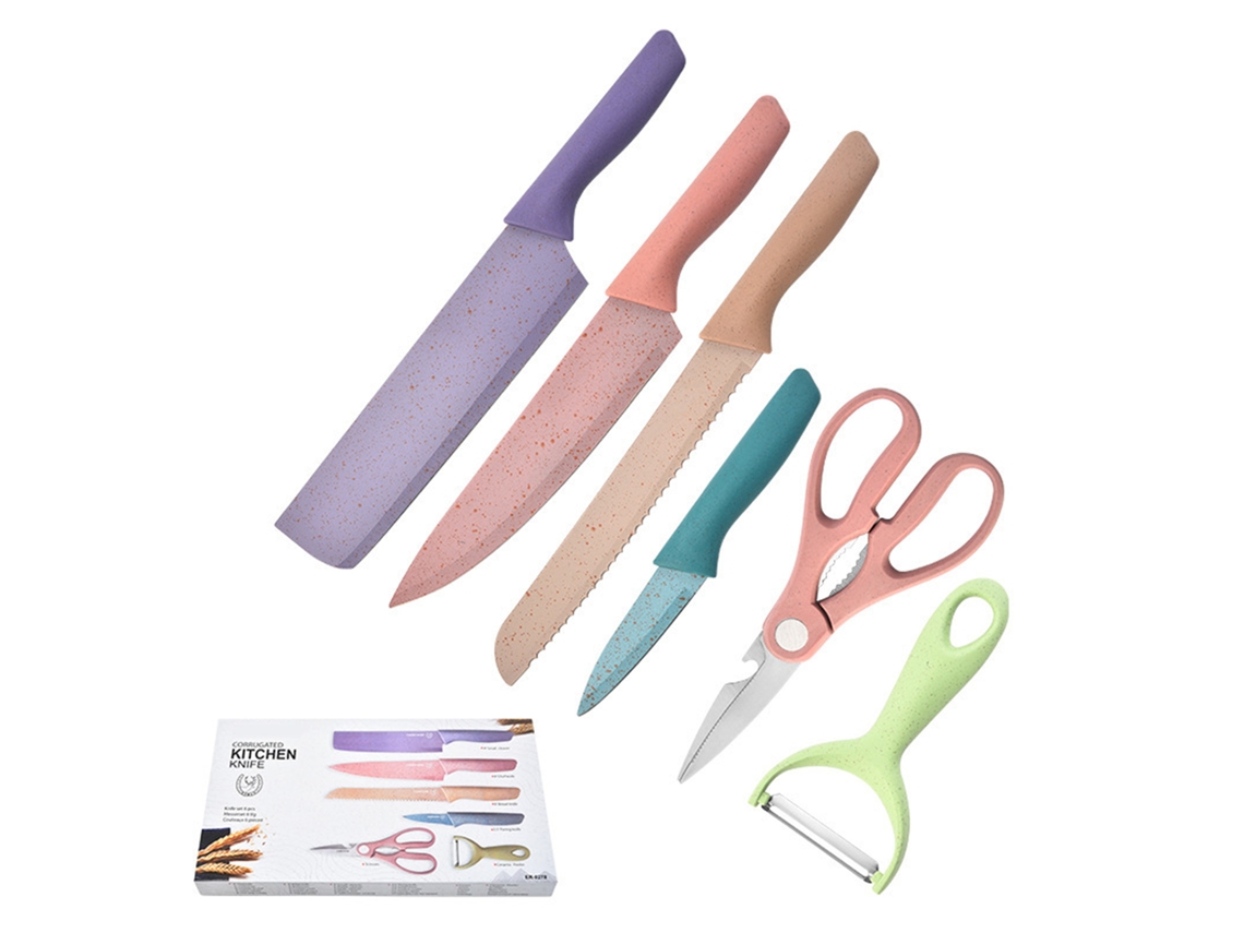 Juego de 6 cuchillos de cocina de acero inoxidable con mangos de paja de trigo, caja de regalo