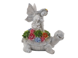 Escultura de tartaruga e anjo para jardim com energia solar, feita de resina durável com luz LED, ideal para decoração de pátios e jardins.