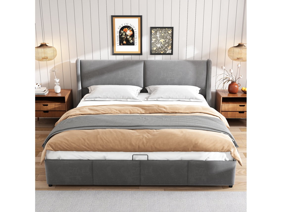 Cama Doble 180x200cm Con Cabecera Hidráulica, Amplio Almacenaje, Diseño Binaural, Incluye Almohada, Color Gris
