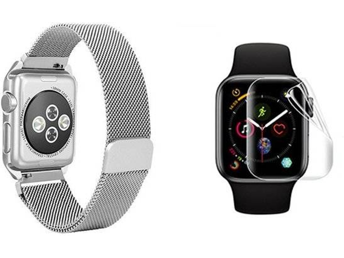 Correa + Protector de Pantalla Apple Watch Series 7 41mm G4M Milanese Gris y Transparente
