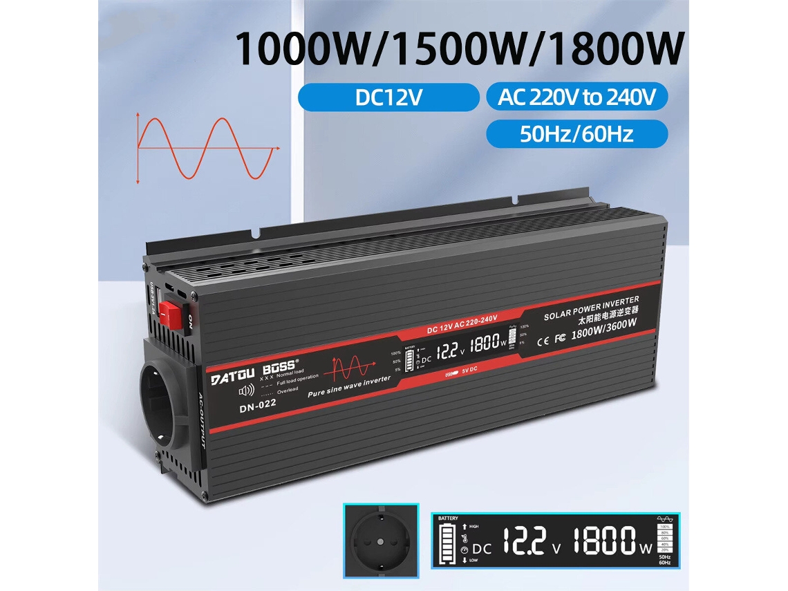 Inversor Datouboss De 1800 W 1000 W/1500 W/1800 W Convertidor De Onda Sinusoidal Pura Dc12v-ac230v Con Pantalla Lcd Para Rv Coche Camión