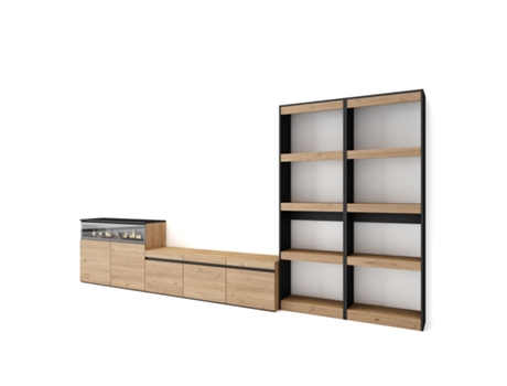 Muebles de Salón para TV 370x186x35cm Para TV hasta 65 Chimenea eléctrica Roble y negro