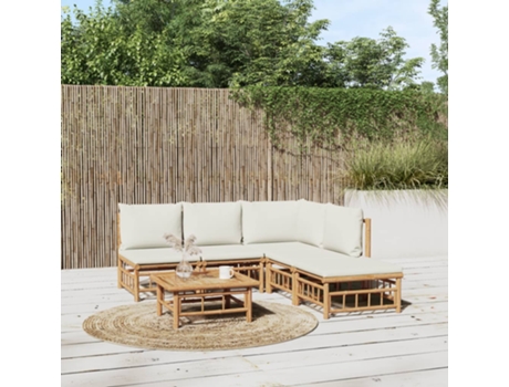 Conjunto 6 de muebles de jardín VIDAXL bambú y cojines blanco crema