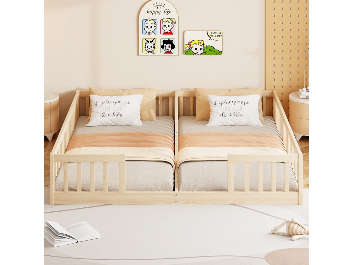 Cama Infantil Con Plataforma De 90x200 Cm Con Barandillas De Seguridad, Madera De Pino Natural.