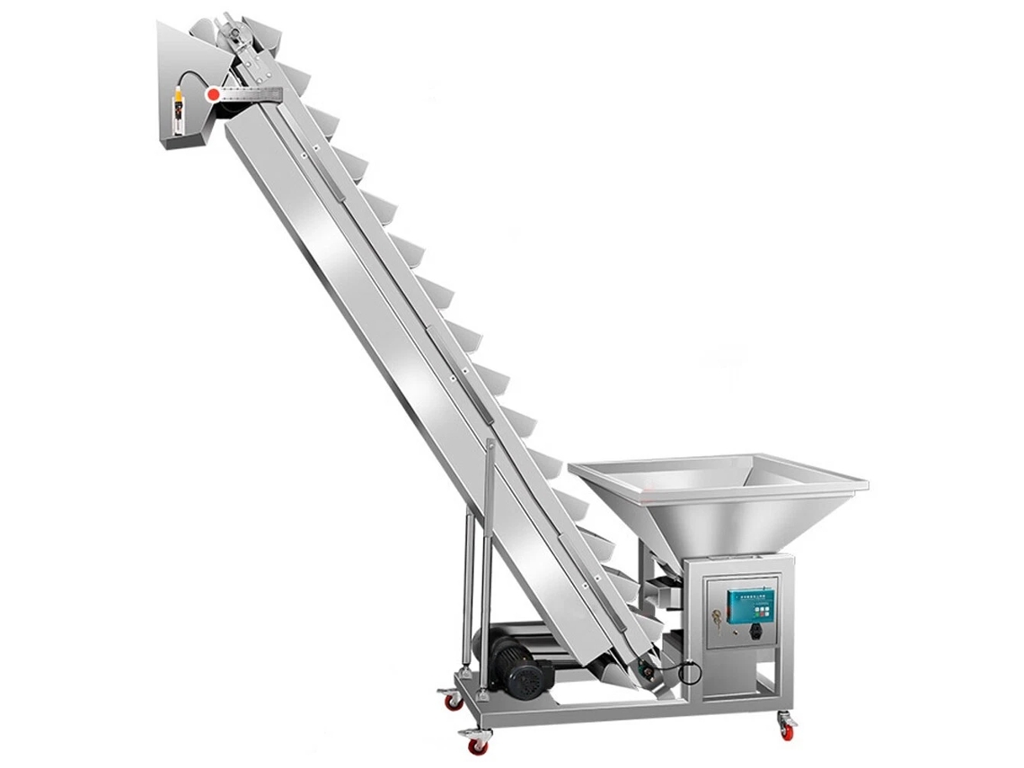 Elevador de cangilones de 1,7 m de altura, máquina de alimentación de polvo y partículas con tolva de 100 kg