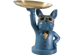 Figura De Bulldog Francés De Vinbcorw Con Bandeja De Acero Inoxidable, Artículo Decorativo De Mesa Azul.