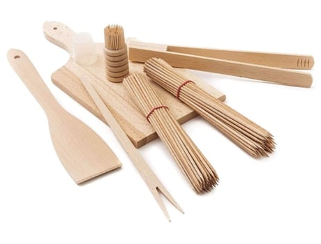 Conjunto de utensilios de barbacoa de madera (tabla de cortar, espátula, pinzas de barbacoa, tenedor, palillos, brochetas) TUULI