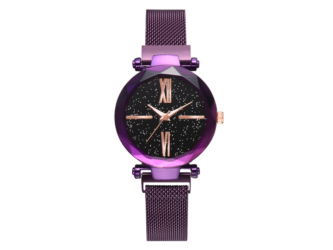 Reloj De Pulsera De Cuarzo Para Mujer Con Correa De Aleación Y Esfera Morada Con Diseño De Cielo Estrellado.