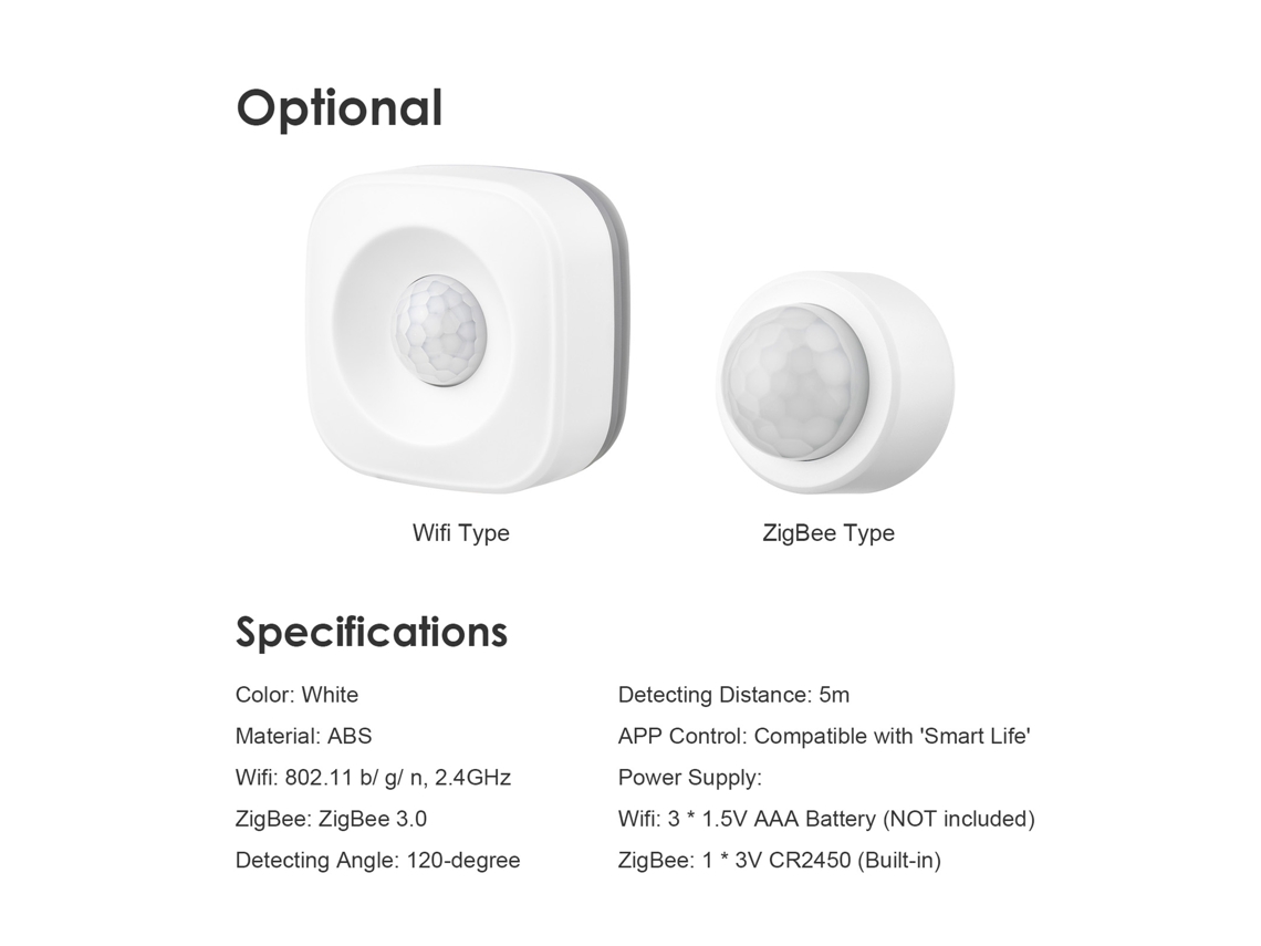 Sensor de movimiento Zigbee con detección de cuerpo humano y control mediante aplicación para seguridad en el hogar inteligente.