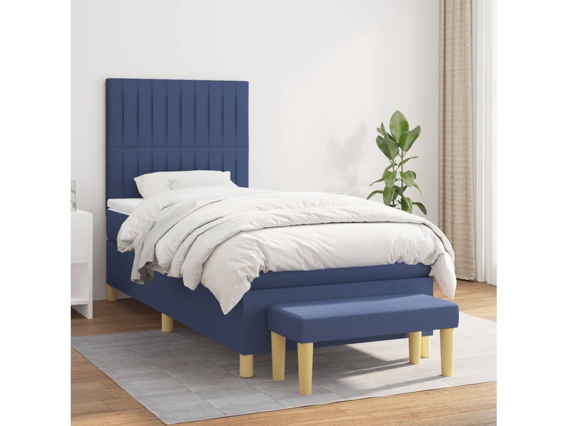 Cama Box Spring Con Colchón Tela Azul 90x190 Cm