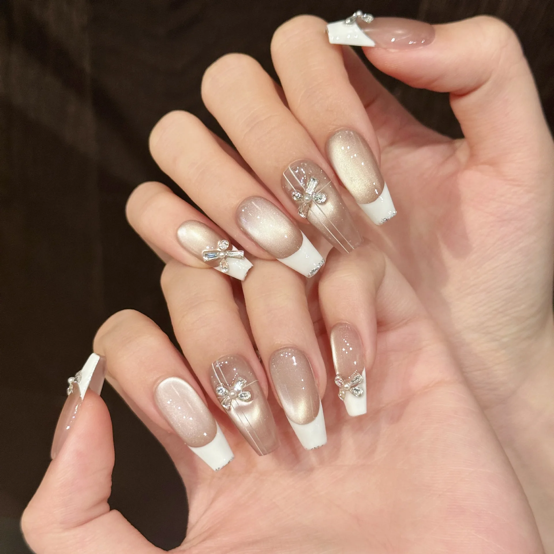 (947-l) 10 Parches De Uñas Postizas Hechas A Mano Con Forma De Ojo De Gato, Ovaladas De Longitud Media, Juego De Uñas De Presión