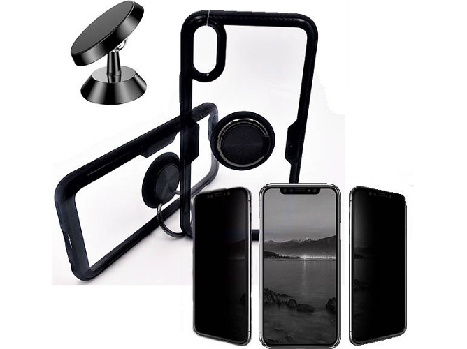 Kit Carcasa, Protector Privacy y Soporte Magnetico Auto Huawei P20 Lite Clear Armor Negro