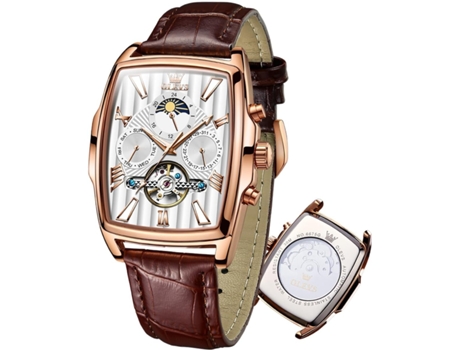 VEANXIN Reloj de cuero Tonneau rectangular vintage hueco luminoso impermeable fase lunar automático para hombre(oro rosa)