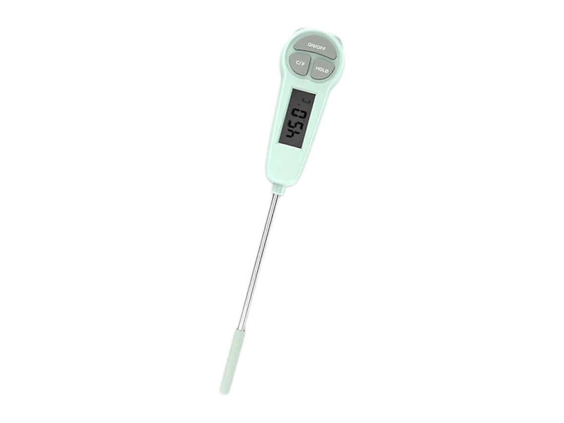Termómetro digital GOKOCO para alimentos, agua, baño, bebés, aceite y carne, con pantalla LCD rosa.