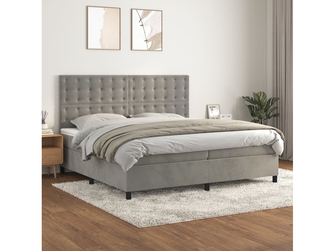 Cama Box Spring Con Colchón Terciopelo Gris Claro 200x200 Cm
