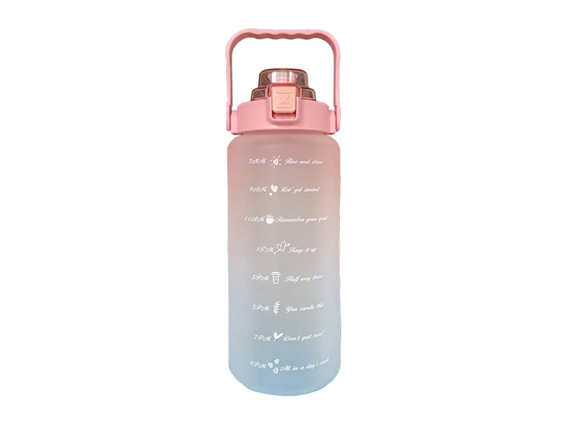 Botella deportiva de 2 l con pajita y marcador de tiempo en rojo degradado.