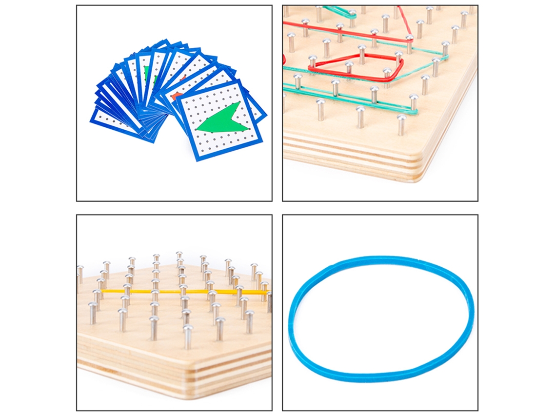 Tablero De Juego Geométrico De Madera Con Gomas Elásticas Y Cartas - Juguete Educativo Para Niños De 4 A 6 Años.