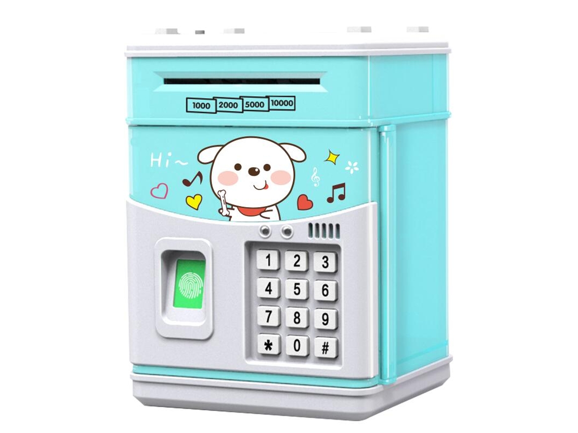 Alcancía simulada con sensor de huellas dactilares, música y caja de contraseñas estilo cajero automático con giro automático de dinero. Mdug (azul)