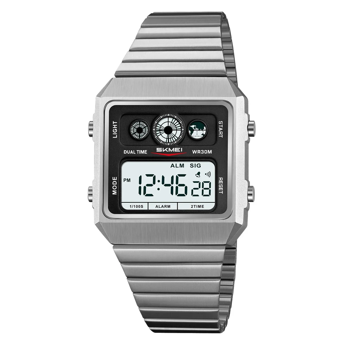 Reloj Digital Cuadrado Sencillo De Metal Para Hombre (plateado) Con Temporizador De Cuenta Regresiva E Indicador De Día.