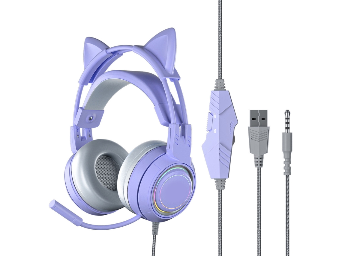 Auriculares Para Juegos Con Cable Supraaurales Para Niñas Con Puntas De Orejas De Gato Extraíbles - Morado