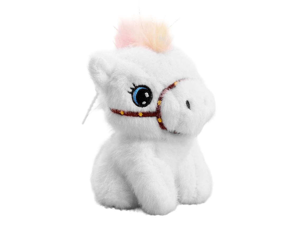 Peluche extra suave y esponjoso con detalle colgante. Diseño de asiento de potro blanco. 13 cm.