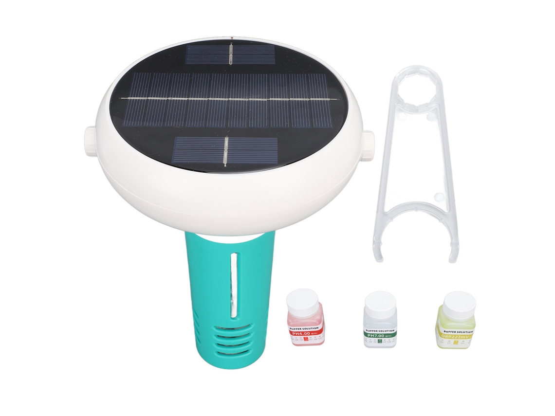 Ionizador solar flotante para piscinas con monitoreo de pH, ORP y sal, solución de limpieza y calibración incluida