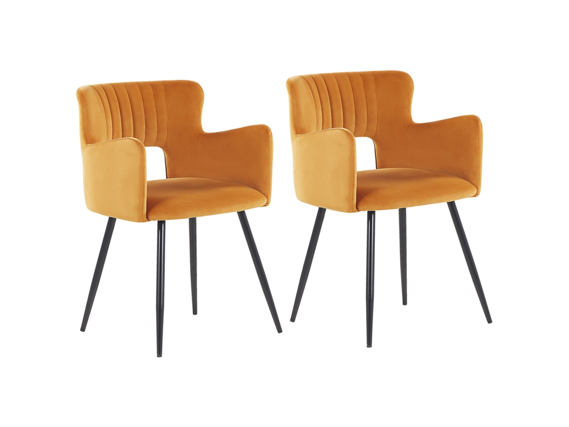 Conjunto de 2 cadeiras de refeição com apoios de braços BELIANI Sanilac de Veludo Laranja 52x44x75