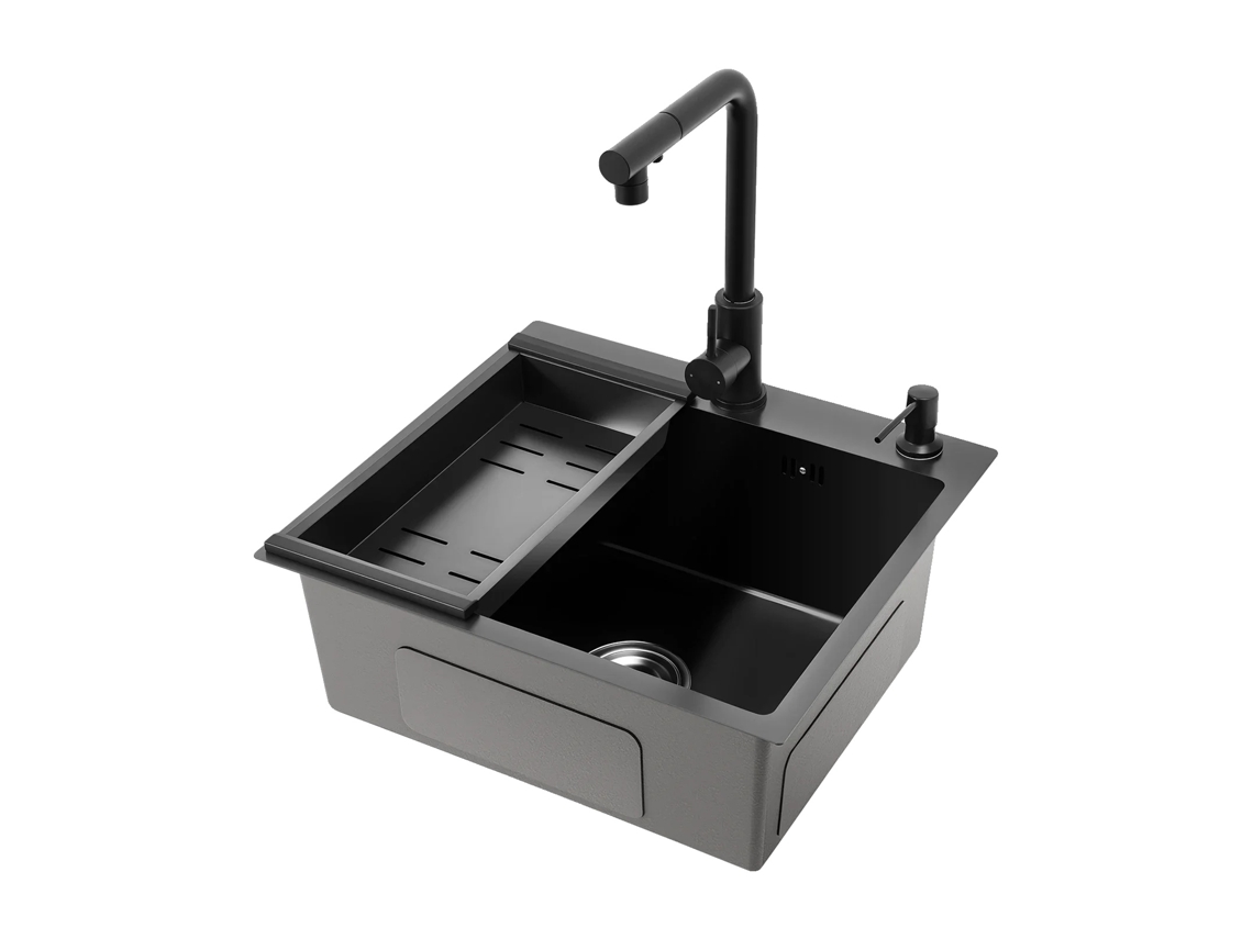 Fregadero de cocina de acero inoxidable de un solo seno con grifo retráctil, color negro OEM